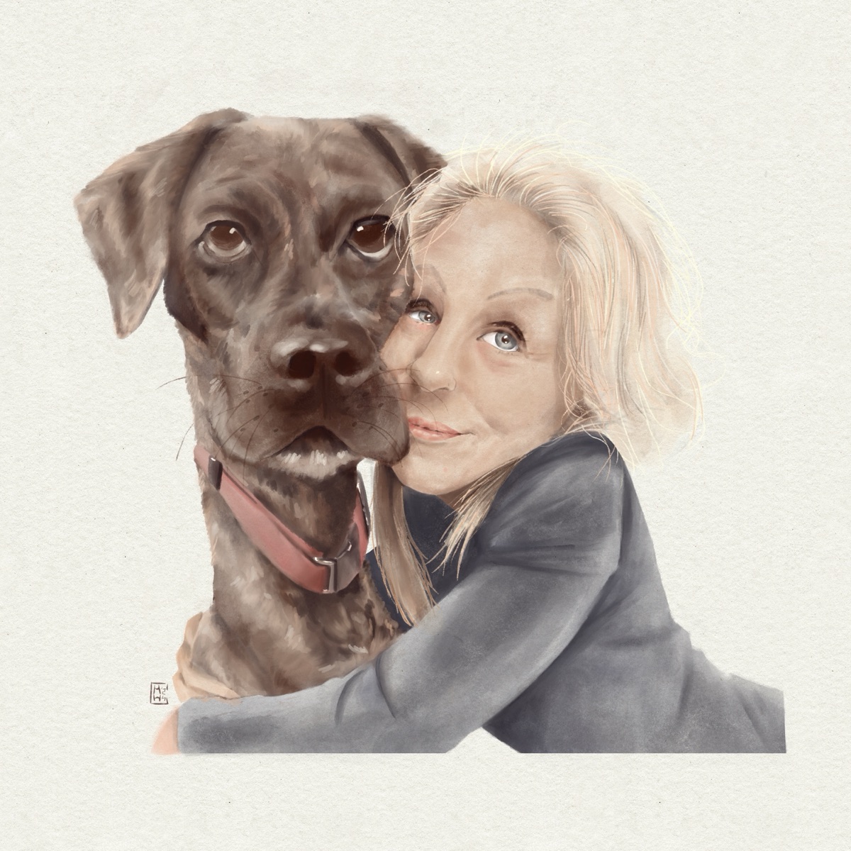 La fillette et son chien, portrait dessiné